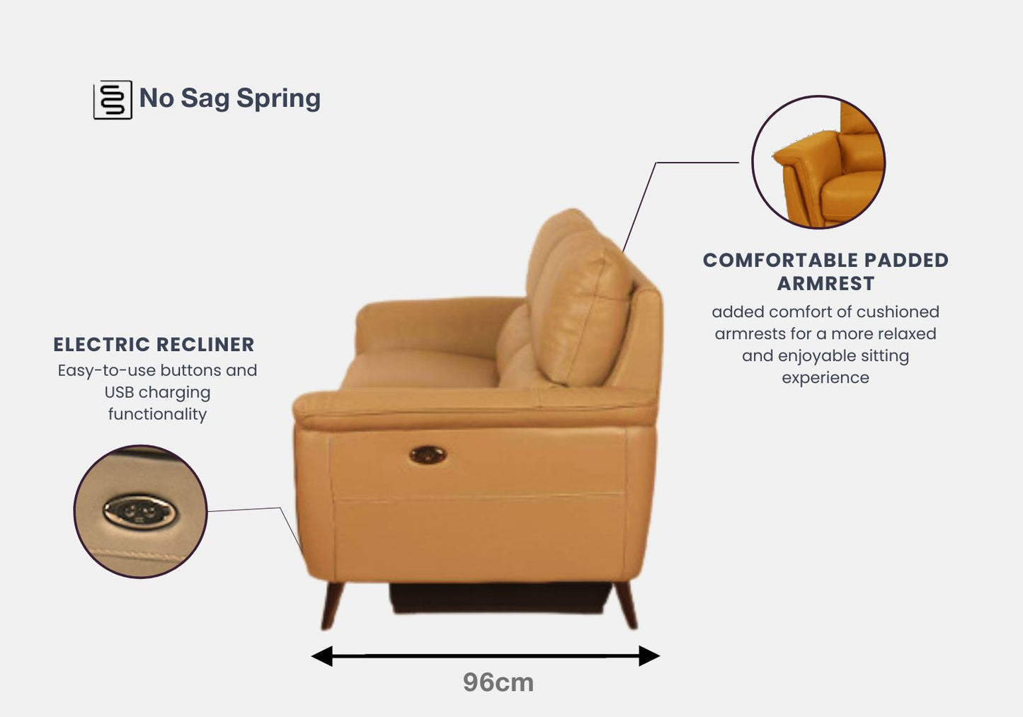 Forli 2-Seater Leather Sofa With Recliner (Honey Yellow, Yellow)