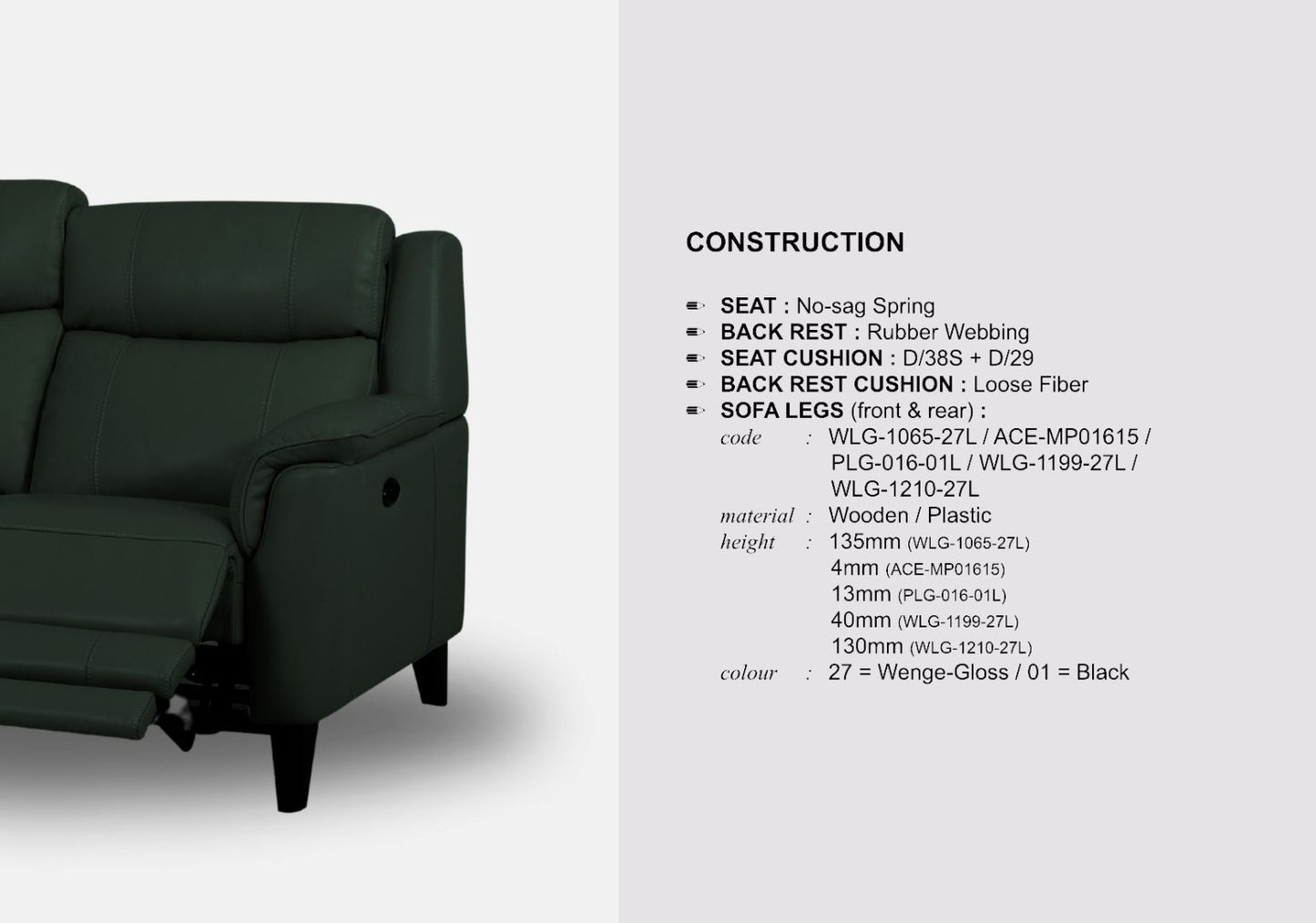 Symphony 3-Seater Half Leather Sofa With Recliner (Kelp Green, Green)